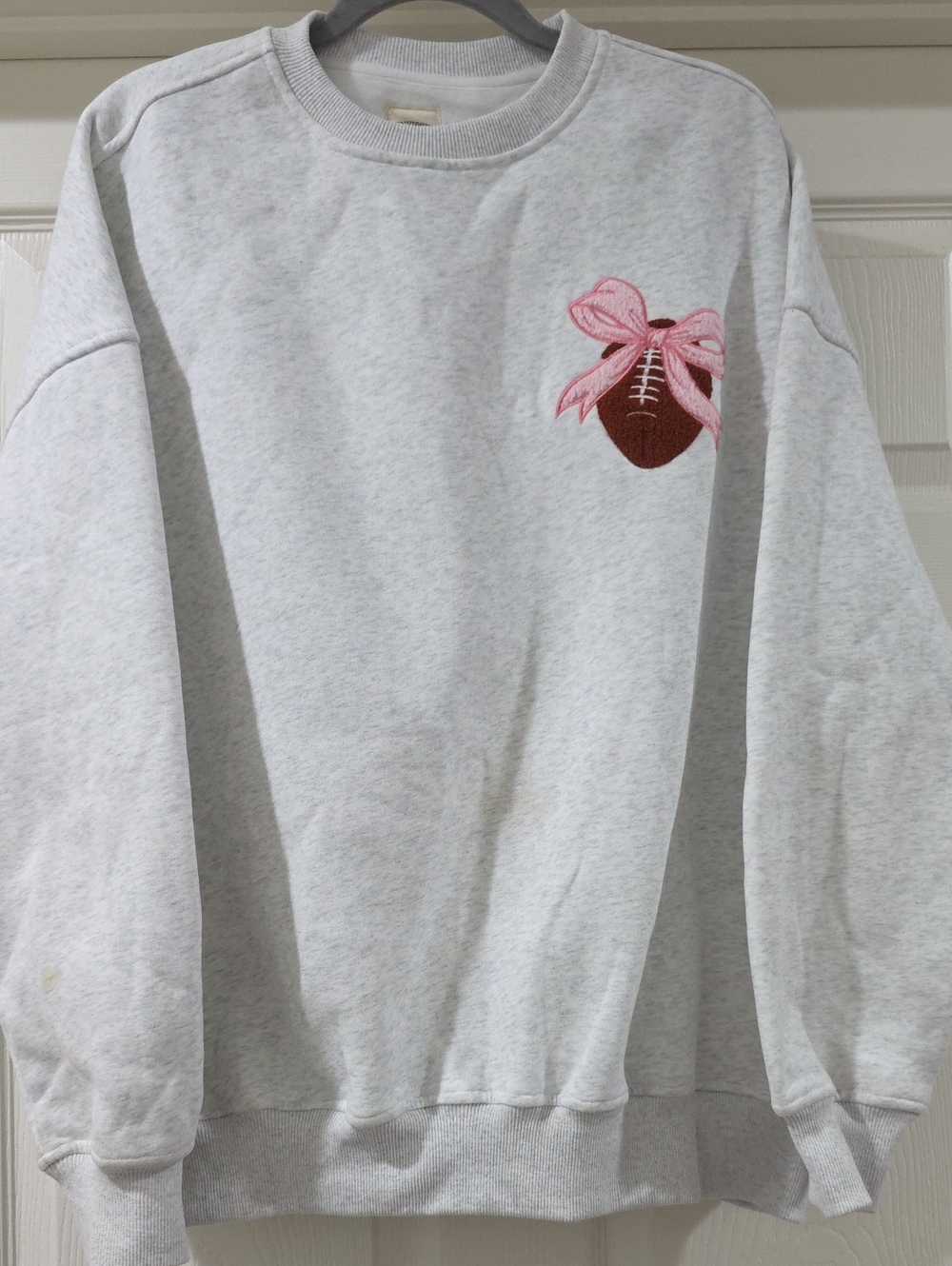 Sunkissed Coconut Pearl Gray Crewneck Sweatshirt w/ Pink Bow Football Embroidery